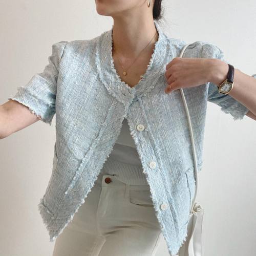 French gentle style milk blue white design tassel raw edge loose and versatile tweed short coat