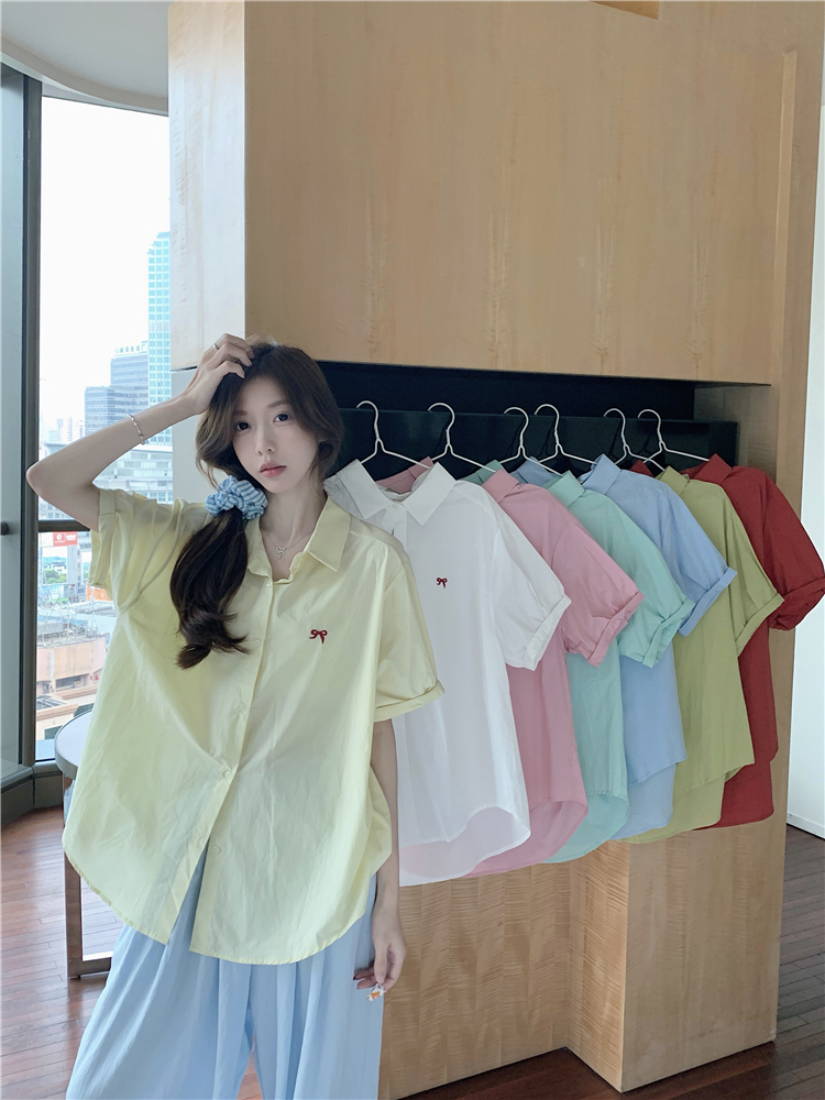 Real shot ~ Large size dopamine outfit POLO collar shirt for women with bow embroidered mid-length short-sleeved top