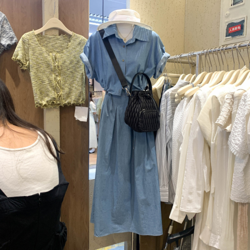 Foreign trade Dongdaemun drawstring imitation denim short-sleeved shirt women's summer high-waist skirt umbrella skirt two-piece suit trendy
