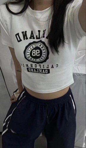 South Korea Dongdaemun Purchasing Agency 24 Spring Round Neck Pullover Alphabet and Number Print Slim Short Sleeve T-shirt for Women