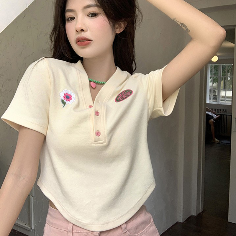 原版面料 純欲甜辣妹蕾絲短袖T恤女夏季打底衫修身內搭短款上衣