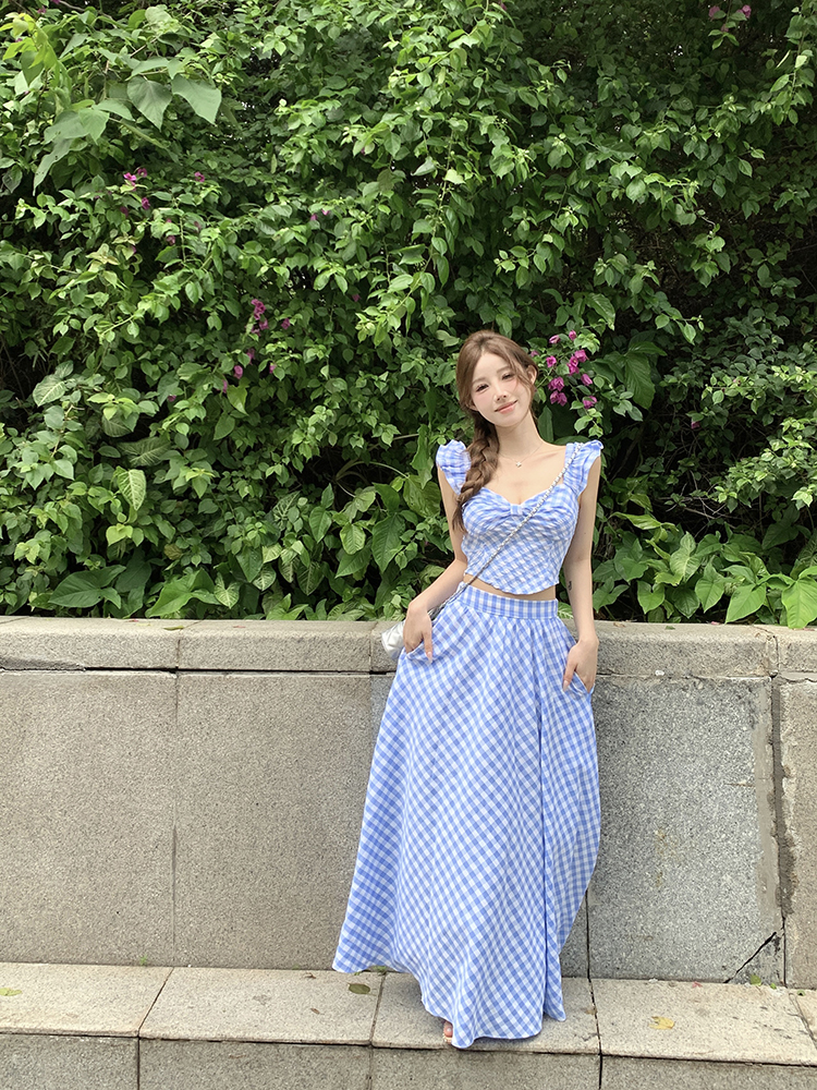 實拍 小飛袖吊帶格子半裙度假風藍白格子裙套裝女