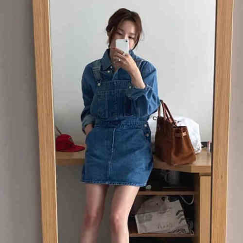 韩国 24春夏 氧气少女感~减龄牛仔背带裙连衣裙蓝色 7502
