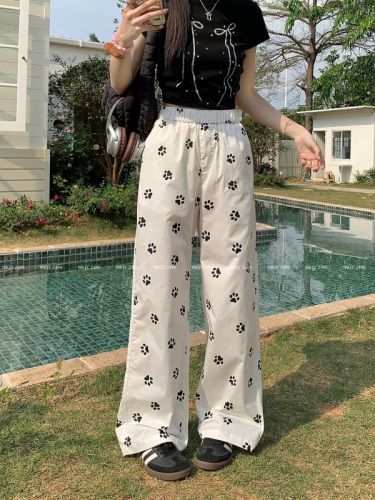 Real shot~ Dog footprints custom printed elastic waist casual trousers for women loose white straight wide leg pants