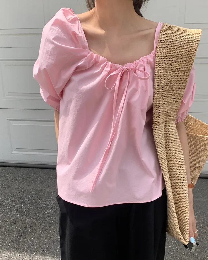 ins Korean summer new sweet tie bow square neck puff sleeve loose babydoll shirt top