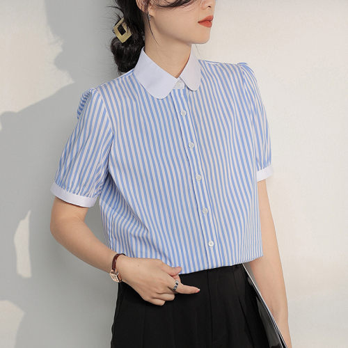 蓝色短袖竖条纹衬衫女夏季 泡泡袖 高级感时尚OL法式气质优雅复古