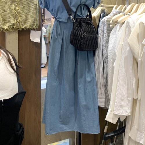 Foreign trade Dongdaemun drawstring imitation denim short-sleeved shirt women's summer high-waist skirt umbrella skirt two-piece suit trendy