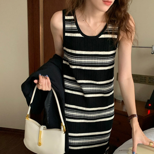 Korean chic spring and summer versatile round neck loose casual contrast stripe design sleeveless vest knitted dress for women