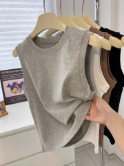 Women's Summer V-Neck Loose T-Shirt Outerwear for Casual Wear, Slimming, Solid Color, Versatile, sleeveless, pure cotton, suitable for layering as a base shirt