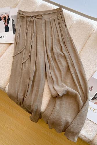 Retro ice silk linen cotton pleated fluttering wide-leg long culottes for women in spring and summer pinch waist drape versatile casual pants with wide swing
