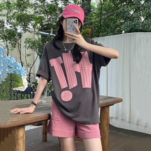 网红宽松短袖T恤女夏季2024新款运动休闲阔腿短裤时尚两件套