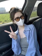 藍色條紋襯衫女設計感小眾夏季配吊帶外搭開衫外套別致小個子上衣