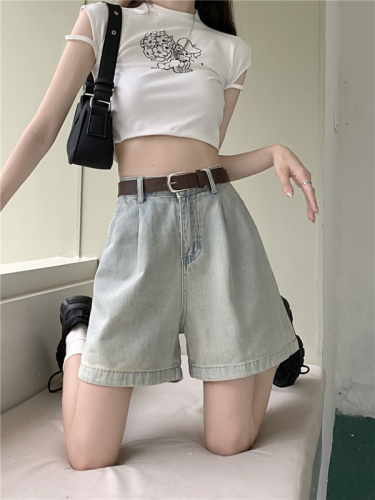 Actual shot and real price~New summer retro high-waisted loose and versatile five-point denim A-line shorts for women