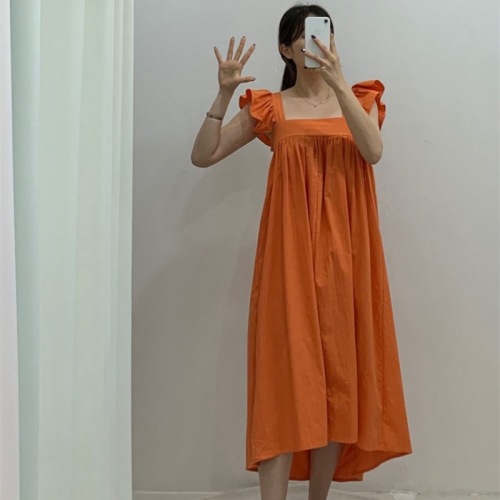 Original in stock 2024 Korean chic French retro square neck pleated high waist flying sleeves long dress