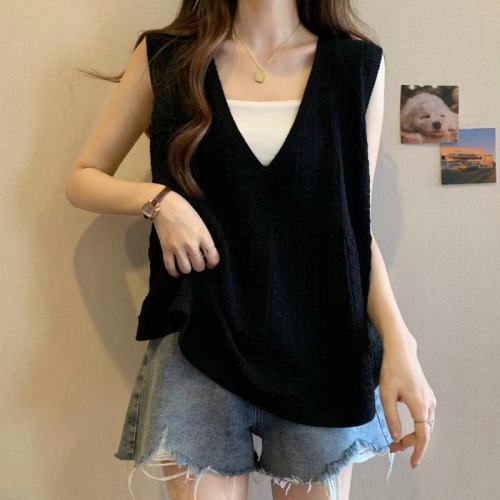 Suspension women's 2024 summer new style women's V-neck sleeveless vest doll shirt short flesh-covering slimming top