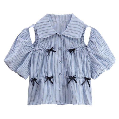 Striped off-shoulder short-sleeved shirt women's spring 2024 new French design bow short chic shirt