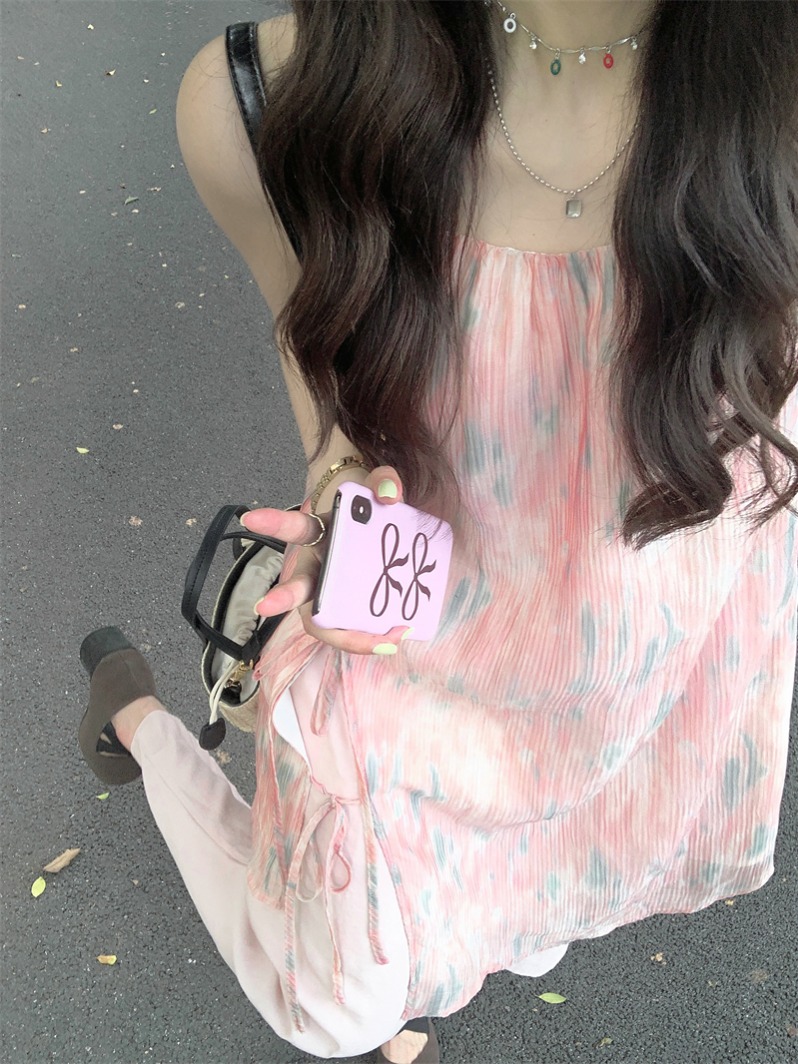 實拍#蜜桃粉新款印花吊帶上衣+休閒半身裙兩件套裝女