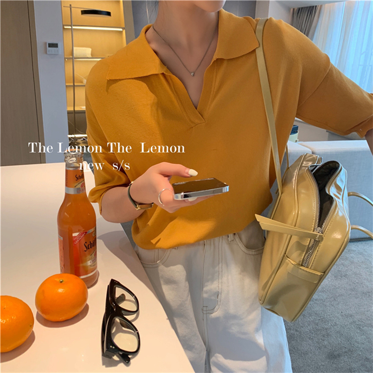 Kumikumi Small Group Loose Design Polo Neck Knitted Sweater Summer Loose Slimming Casual Short Sleeve Top Women 