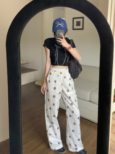 Real shot~ Dog footprints custom printed elastic waist casual trousers for women loose white straight wide leg pants