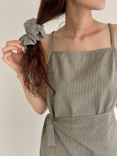 Korean French niche designer irregular high-end casual fashionable strap striped suspender dress with hair tie