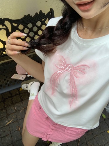 实拍！夏季新款镶钻蝴蝶结时尚减龄设计感小众显瘦短袖T恤女潮