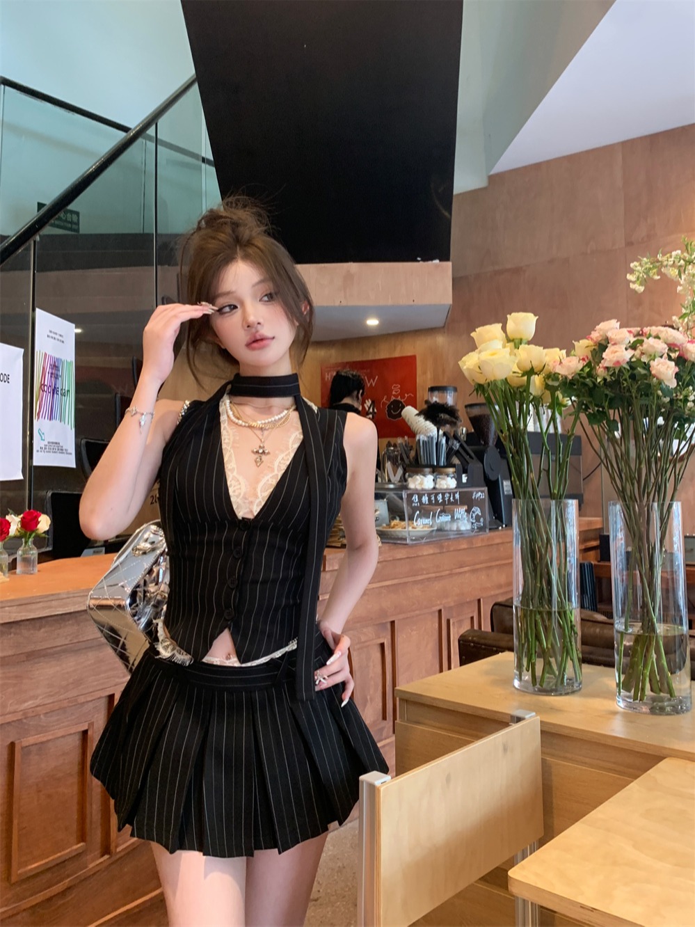 實拍拼接套裝女新款V領蕾絲馬甲辣妹性感無袖上衣兩件套