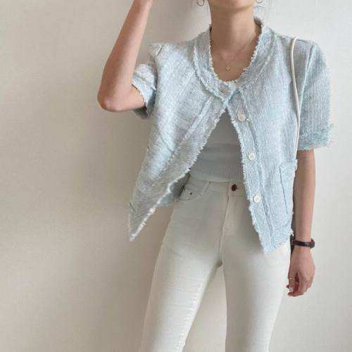 French gentle style milk blue white design tassel raw edge loose and versatile tweed short coat