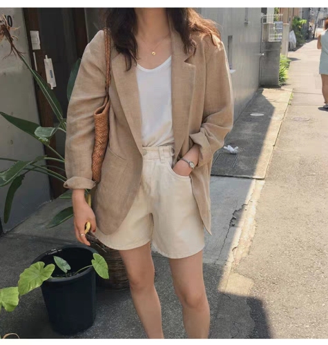 Spring and summer new Korean ins style cotton and linen blazer women's Korean version loose linen thin small suit outer wear