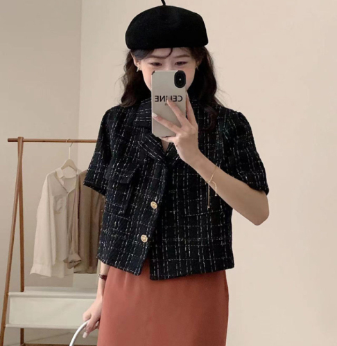 Spring and summer retro short-sleeved plaid suit slub loose jacket