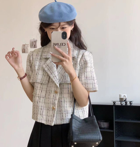 Spring and summer retro short-sleeved plaid suit slub loose jacket