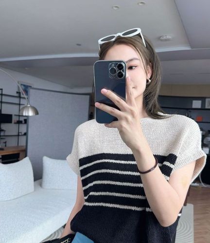 2024 new summer striped tops color-blocked round neck loose thin knitted women's