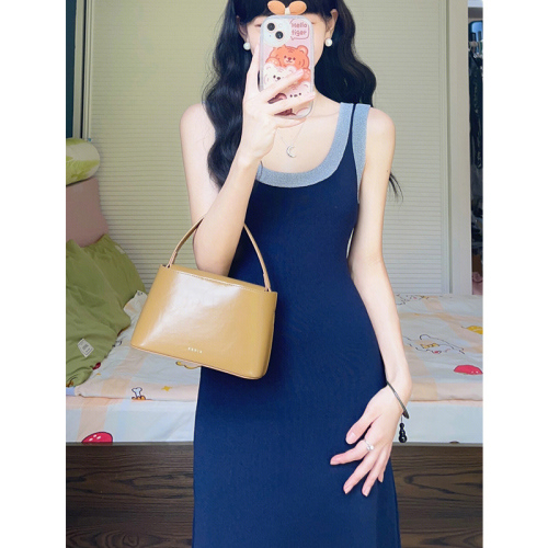 2024 new autumn French waist long skirt, high-end blue suspender knitted vest dress for women to look slim