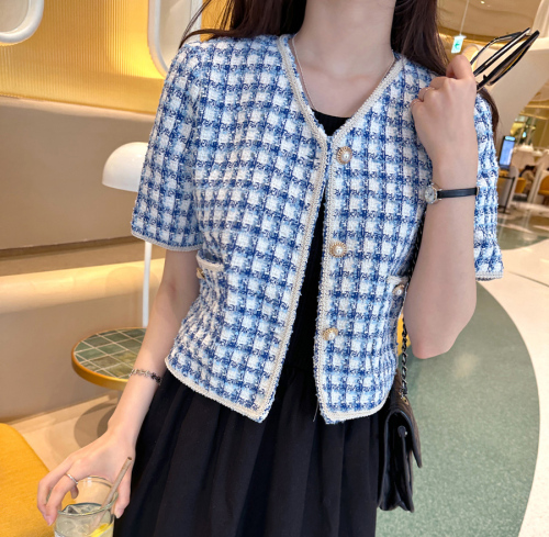 Korean ins style spring and summer V-neck retro pearl plaid tweed short-sleeved suit jacket small cardigan for women