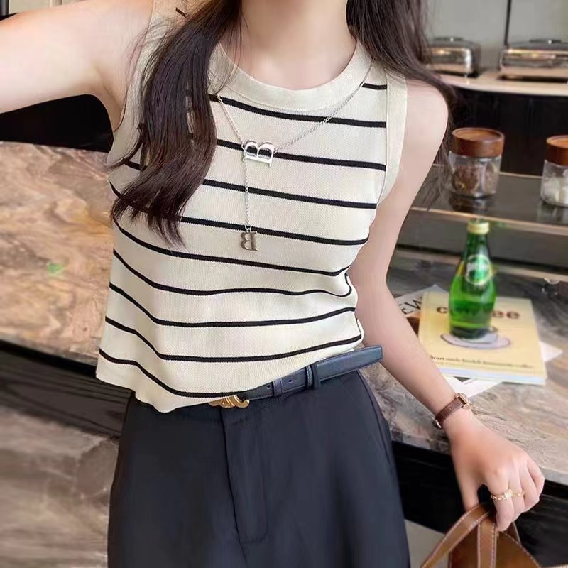 純欲辣妹風高腰露臍短款條紋背心女2024夏季新款修身內搭無袖