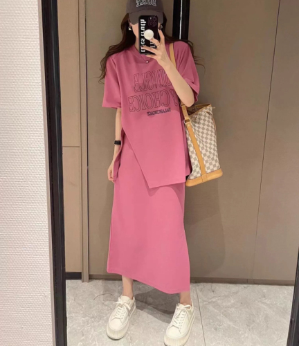 Miss Korean Suit 2024 New Large Size Niche Loose Slim Long T-shirt Skirt Fashion Two-piece Set