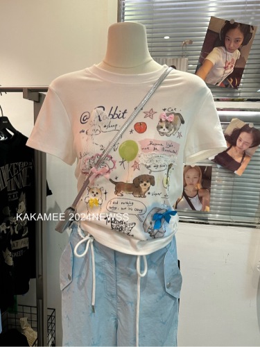 韩国东大门2024夏季新款趣味喷画蕾丝蝴蝶结T恤女休闲风百搭短袖