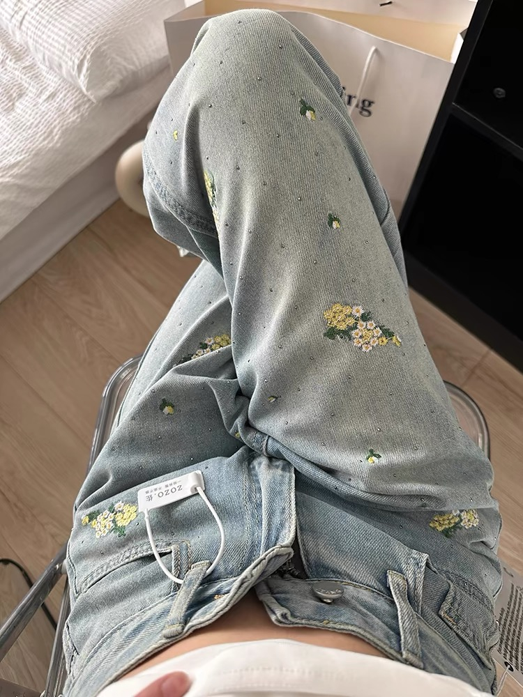 燙鑽花朵刺繡牛仔褲女2024夏季薄款高腰寬鬆顯瘦直筒拖地闊腿褲子