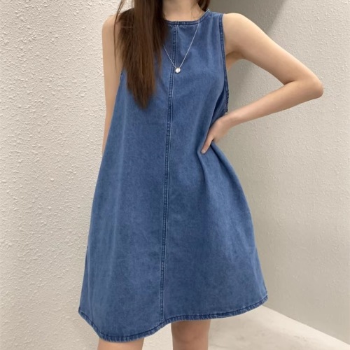 韩国chic复古气质后背镂空系带设计无袖背心牛仔连衣裙短裙