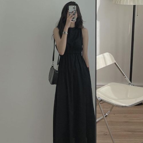 Korean chic summer niche simple round neck pleated high waist slim double pocket sleeveless vest dress for women