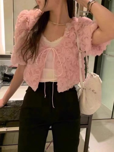 Korean chic summer French romantic V-neck heavy industry three-dimensional rose jacquard loose versatile lace-up short coat for women