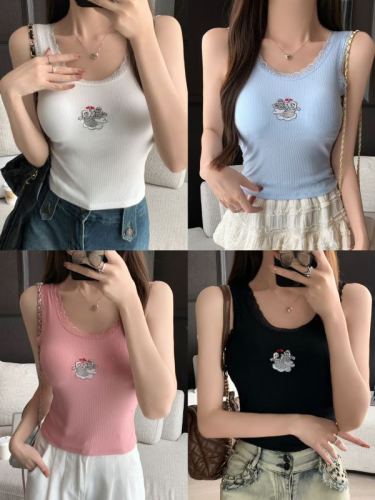 Fan Zhiqiao Amélie little angel embroidered lace edge strip short hot girl camisole with breast pads