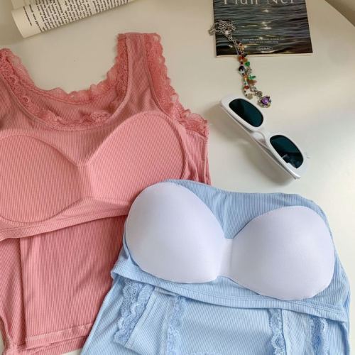 Fan Zhiqiao Amélie little angel embroidered lace edge strip short hot girl camisole with breast pads