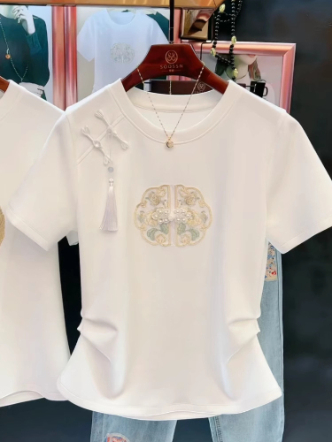 国风珍珠盘扣新中式短袖T恤女夏季2024新款重工时尚洋气显瘦上衣