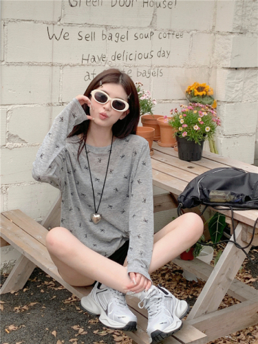 Actual shot of soft and waxy slightly see-through bow sun protection long-sleeved T-shirt loose round neck thin simple cool blouse