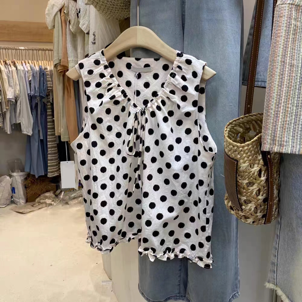 New Summer Simple Pleated Dot Blouse with Bow Tie V-Neck Sleeveless Vest for Women 