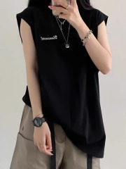 高質量純棉220克19支精梳緊密印花寬鬆大版無袖坎肩背心恤女