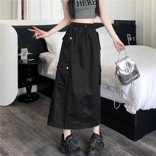 Summer new American retro drawstring workwear skirt slit high waist loose A-line mid-length skirt for women