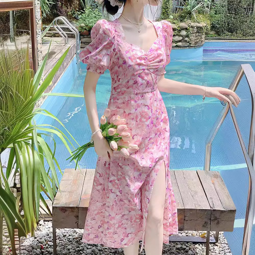 辣妹泡泡袖新款旗袍性感欧美修身法式短袖方领休闲夏季法式中长裙