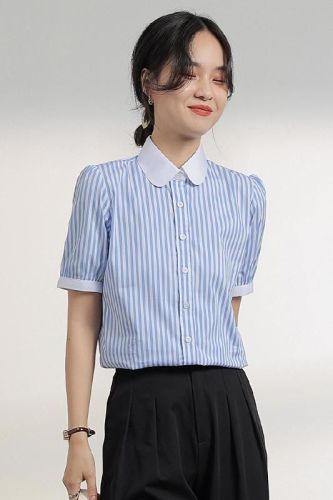 蓝色短袖竖条纹衬衫女夏季 泡泡袖 高级感时尚OL法式气质优雅复古