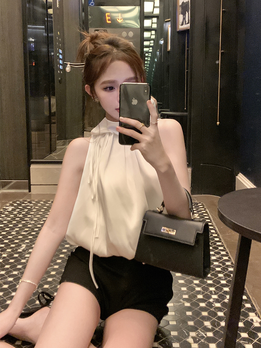 實拍 泡泡花苞領抽繩仿天絲上衣女短款小眾別致溫柔氣質背心